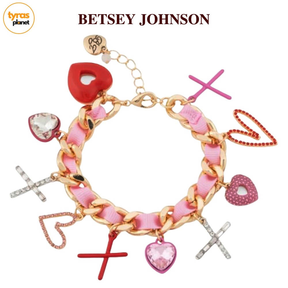 Betsey Johnson Valentines Pink & Red Heart & X Rhinestone Pendant Bracelet NWT
